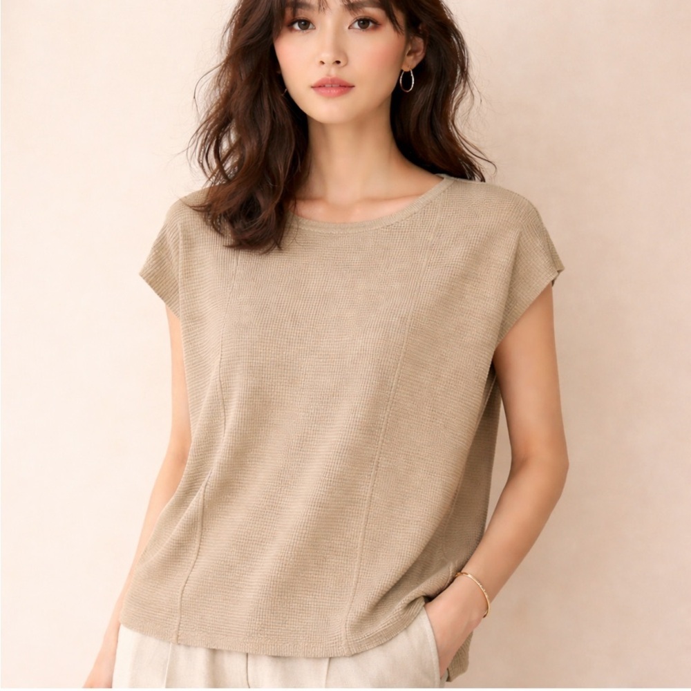 FOR CYNTHIA Beige Ribbed Knit Cap Sleeve Top M/L